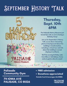 Picture of a birthday cake with 5th Happy Birthday balloons. History Talk is Thursday, September 10, 2026 at 6pm