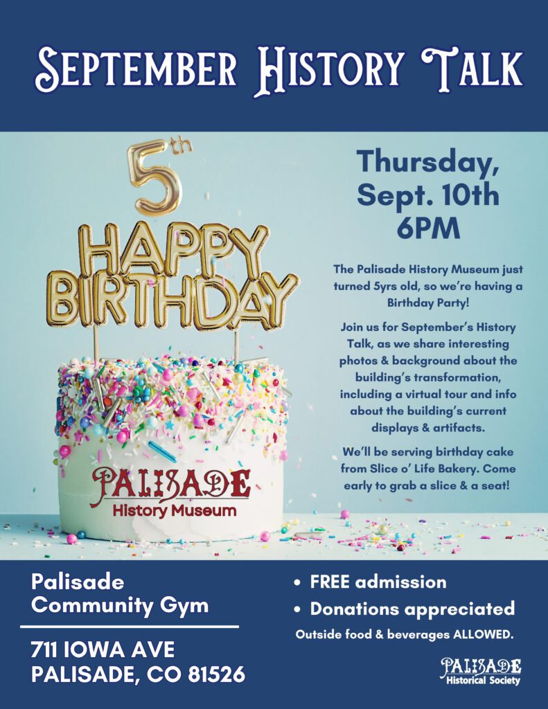 Picture of a birthday cake with 5th Happy Birthday balloons. History Talk is Thursday, September 10, 2026 at 6pm